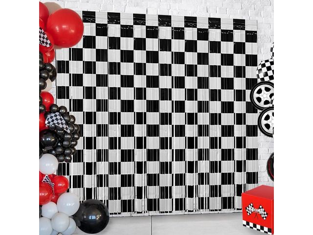 Race Car Birthday Party Streamers Backdrops Decorations, 6 Pcs Checkered Black White Foil Fringe Curtain Photo Booth Props for Racing Cars One...