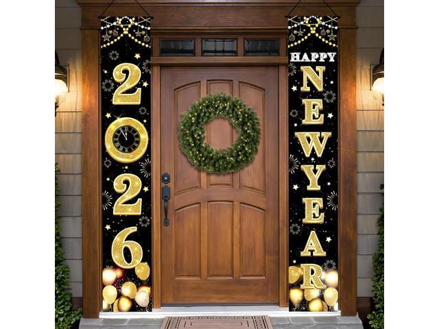 KatchOn XtraLarge 2026 Happy New Year Banner 72x12 Inch Black and Gold Happy New Year Door Banner for New Years Decorations 2026 Porch Banner...