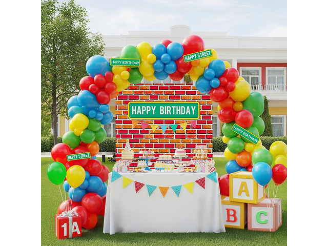 Sesame Friends Birthday Party decorations 140Pcs Cartoon Theme primary color Balloon Garland Kit with red brick wall Backdrop and birthday sticker...