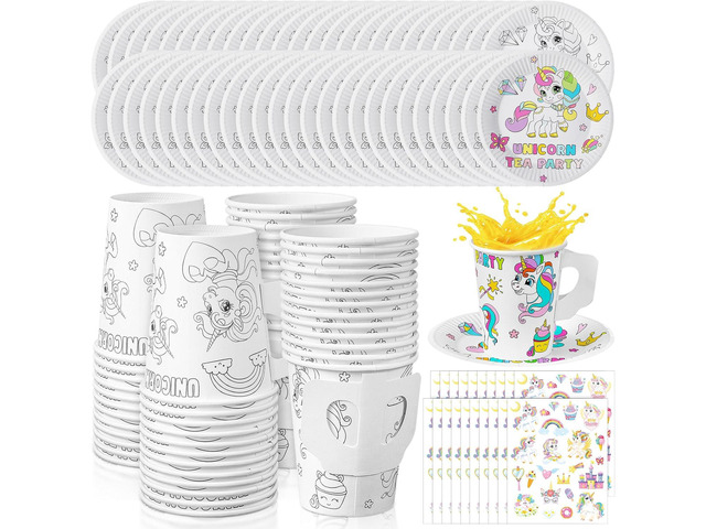 Lenwen 24 Set Color Your Own Tea Party Cups with Handle, DIY Coloring 8 oz Treat Paper Cups and Plates Snack Dessert Ice Cream Teacup Includes...
