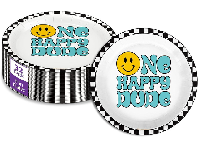 One Happy Dude Smiley Face First Birthday - 32 Piece Disposable Party Supplies - Decorations for Boy's 1st Birthday Round Party Plates - Large 9'...