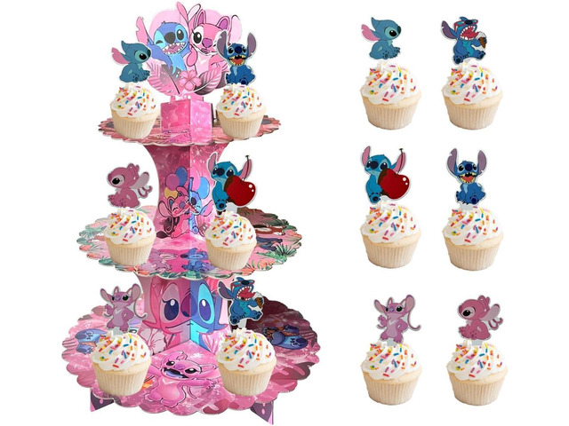 Stitch Cupcake Stand 3-Tier Pink with 24 Stitch Cupcake Toppers Hawaiian Aloha Luau Birthday Party Decorations for Kids, Stitch Party Supplies