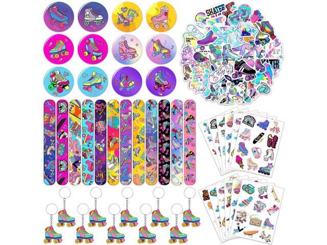 Roller Skate Party Favors 98PCS Slap Bracelets, Stickers, Key Chains, Pin Badges and Temporary Tattoos for Kids Boys Girls Throwback 80s 90s Roller...