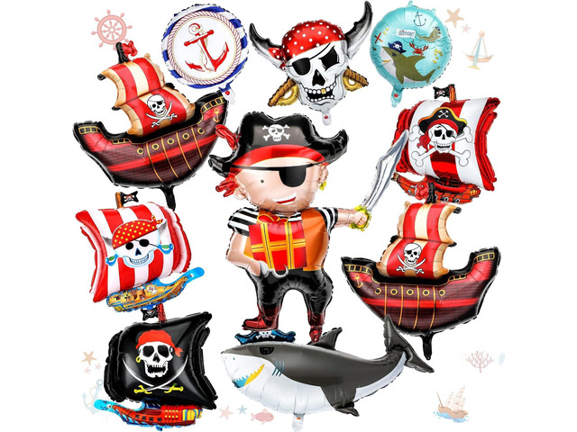 Sosation 10 Pcs Pirate Balloons Birthday Party Decorations Round Pirate Ship Ocean Skeleton Shark Foil Balloon for Themed Arch Kit Celebration...