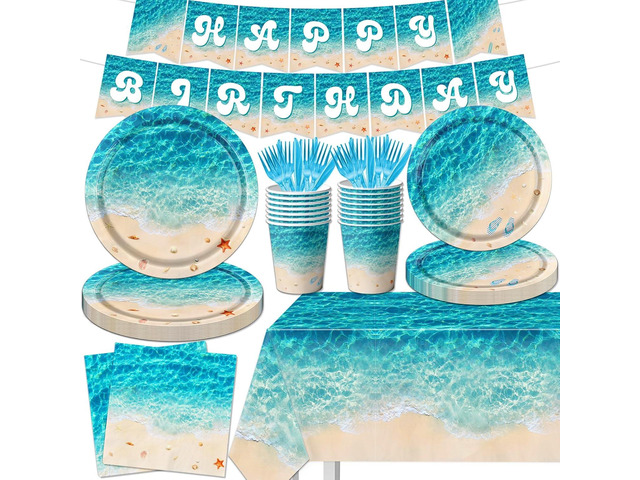 Beach Party Supplies, 142Pcs Ocean Waves Birthday Party Supplies Tableware Set Summer Pool Party Decorations Plates,Cups,Napkins,Banner,Tablecloth...