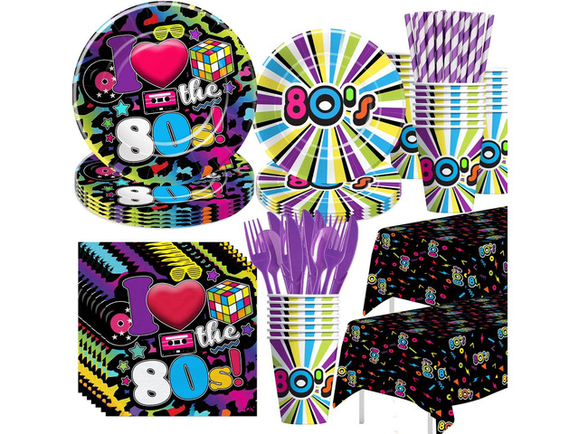 80's Party Decorations Tableware - 80's Theme Party Supplies Include Paper Plate, Cups, Napkins, Tablecloth, Cutlery, Straws, 80s Birthday Party...