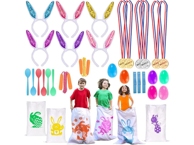 Atonofun 29 Pack Easter Games for Kids Outdoor, Potato Jumping Bags, Bunny Ears Headbands, Egg Spoon Relay Races, Legged Relay Race Bands for...