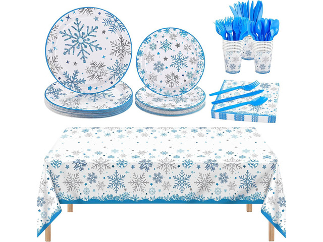 durony 169 Pieces Christmas Snowflake Tableware Set Winter Frozen Birthday Party Supplies Disposable Blue Snowflake Paper Plates Cups Napkins...