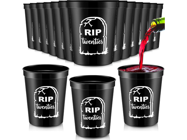 Remerry 24 Pcs Death to My 20s Thick Cup, 16 oz Gothic 30th Birthday Party Black Plastic Tumbler Cups, Stadium Cups Rip Twenties 20s Birthday...