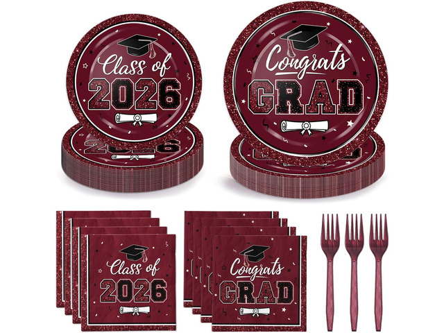 LINHAXM Class of 2026 Graduation Party Supplies - Serves 50 Maroon Graduation Decorations - 2026 Graduation Plates and Napkins and Forks for...