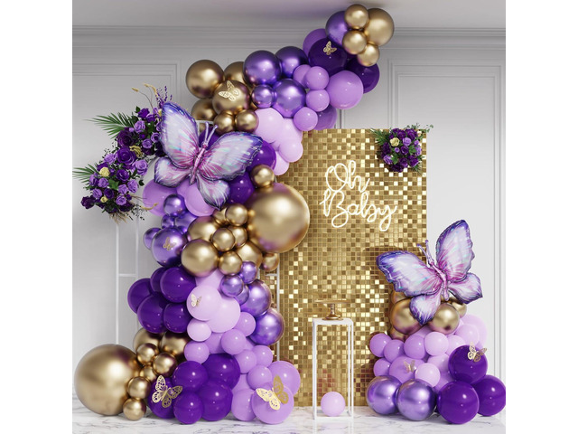 Purple Butterfly Balloon Garland Arch Kit, 158pcs Purple Chrome Gold Balloons with Butterfly Foil Balloons for Girl Birthday Baby Shower Party...