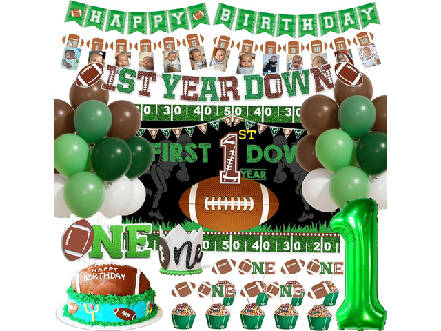 Football 1st First Year Down Birthday Party Decorations First Year Down Banner 1st Birthday Decorations for Boys Backdrop Balloon Banner Cake Topper