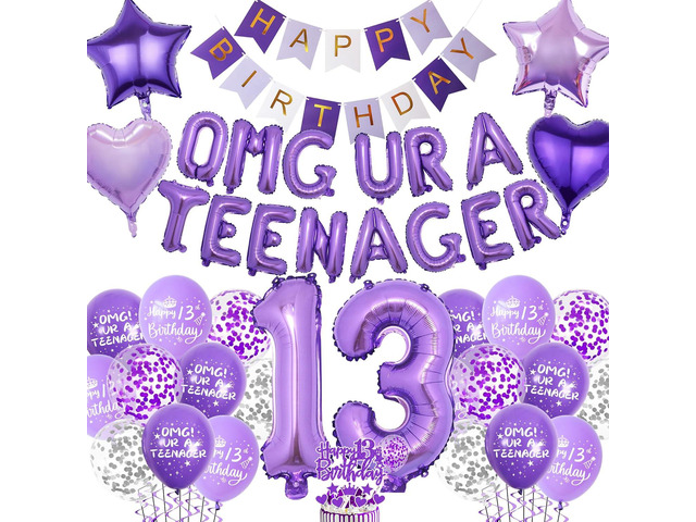 Purple 13th Birthday Decorations for Girls - Teenager Party Supplies Happy Birthday Banner, OMG UR A Teenager Foil Balloons Number 13 Balloon Cake...