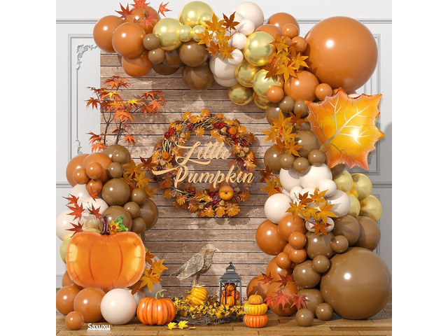 Fall Balloons Garland Arch Kit, Burnt Orange Brown Gold White Sand Boho Balloons with Maple Leaf & Pumpkin Foil Balloon for Autumn Thanksgiving...