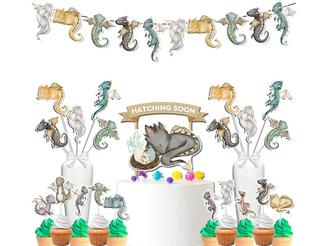 Dragon Baby Shower Decorations Set with Banner Cupcake Toppers Cake Topper and Centerpieces Fantasy Birthday Party Supplies Hatching Soon Theme
