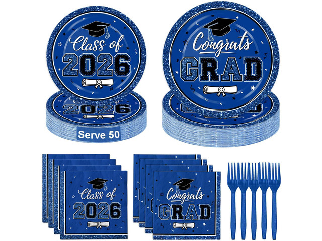 LINHAXM Class of 2026 Graduation Party Supplies - Serves 50 Blue Graduation Decorations - 2026 Graduation Plates and Napkins and Forks for Congrats...