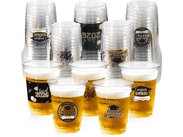 50 Pack Graduation Decorations Class of 2026, 16 Oz Black and Gold Clear Plastic Cups Disposable Party Cups for Drinks 2026 School Grad Party...