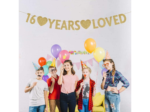 Gold 16 Year Loved Banner, Gold Glitter Happy 16th Birthday Party Decorations, Supplies