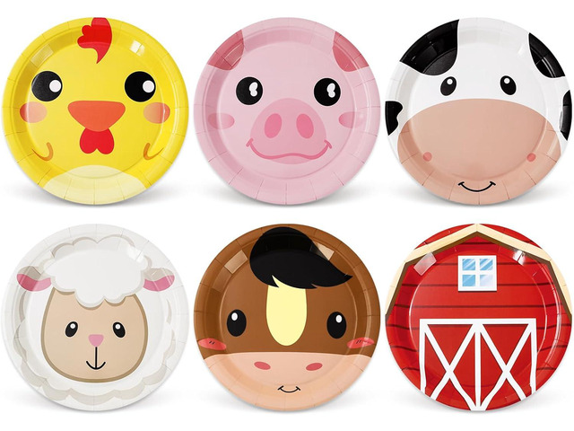 Whaline 60Pcs Farm Animal Birthday Party Dessert Plates Cock Pig Cow Sheep Disposable Paper Plates 6 Designs Farmhouse Tableware 7 Inch for Party...