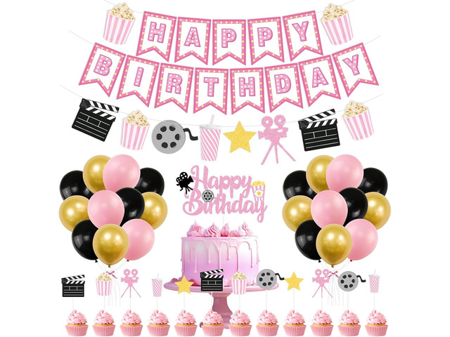 K KUMEED Happy Birthday Decorations,Movie Theme Party Decorations Pink Popcorn Camera Movie Theater Decorations Cute Cake Topper Latex Balloons for...