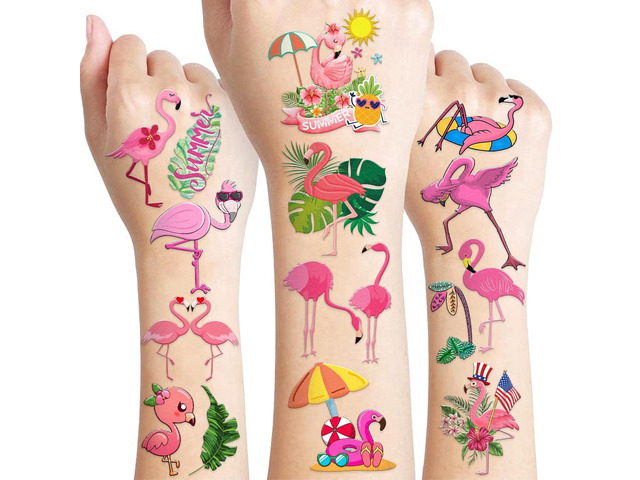 96 PCS Pink Funny Flamingo Temporary Tattoos for Kids - Pre-Cut Waterproof Sticker Summer Tropical Hawaiian Luau Party Favors Decorations Birthday...