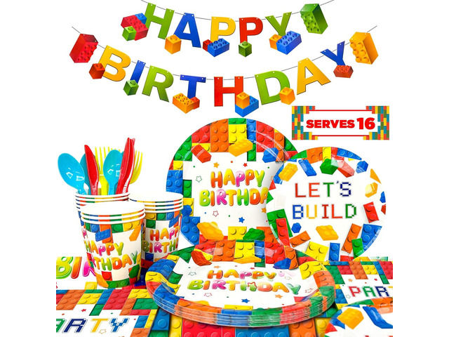 Building Block Party Decorations, 16 Guests Building Block Party Tableware Set Plates Napkins Cups Tablecloth Banner for Colorful Building Block...