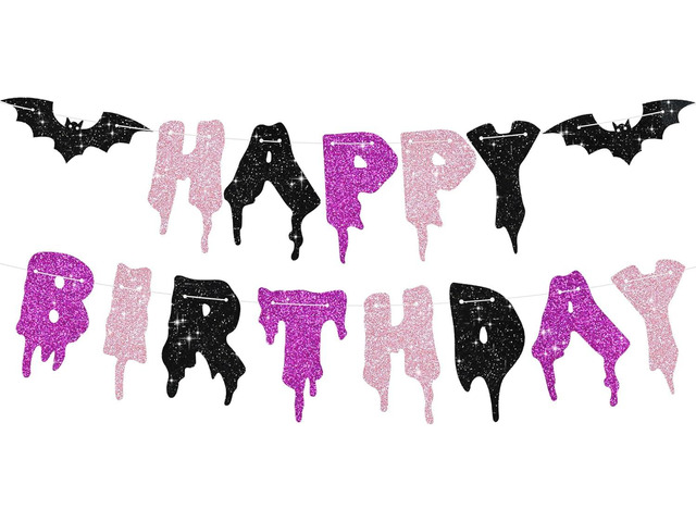 Glitter Pink Purple Black Glitter Happy Birthday Halloween Banner - NO DIY - Halloween Hanging Paper Garland Bunting Banner Decorations, Party...