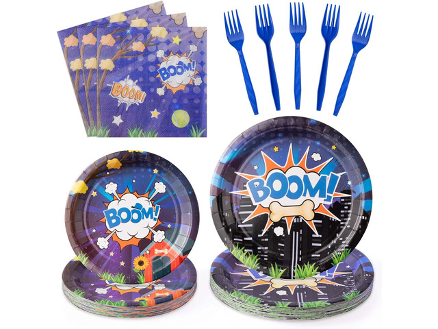Cartoon Dog Birthday Party Supplies - 96PCS Cartoon Dog Birthday Party Plates and Napkins Forks Disposable Tableware Set Birthday Parties Table...