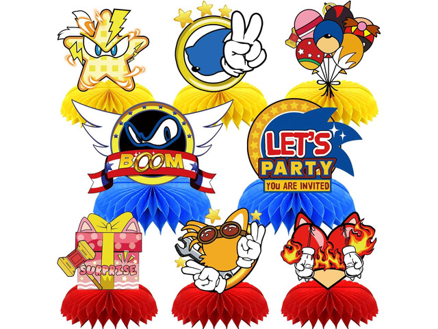 8Pcs Blue Hedgehog Party supplies set Honeycomb Centerpieces Double Sided Table Topper for Birthday Decorations