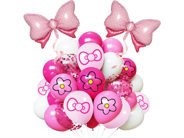 Pink Balloon 64Pcs 12 InchCute Bow Flower Print Balloons for Cartoon Themed Birthday Party Decorations Boys Girls Gatherings Party Supplies