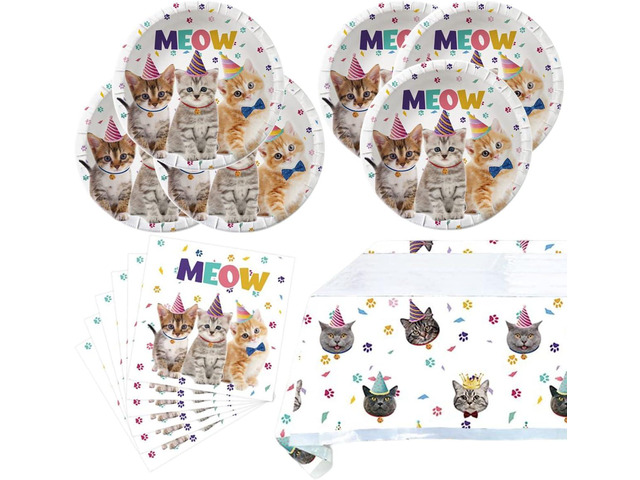 Cat Party Supplies Tableware,20 Plates and 20 Napkins and Tablecloth71 '' x 42 '',Kids Cat Birthday Theme Party Decorate Supplies