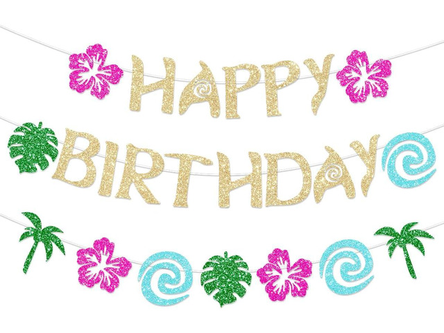 Hawaiian Moana Birthday Banner Party Decoration Glittery Gold for Happy Birthday Tropical Luau Summer Baby Shower Decor