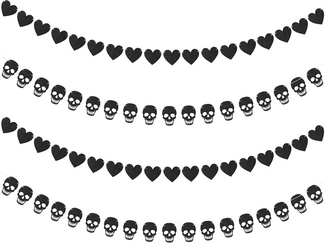 K1tpde 4PCS Gothic Black Heart Skull Garland Banner Kits, Black Felt Heart Banner for Valentines, Skull Garland Backdrop for Gothic Birthday Party...