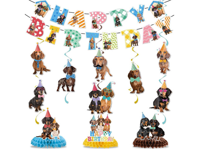 Dachshund Dog Birthday Decorations Include Happy Birthday Banners Dachshund Hanging Swirls Honeycomb Centerpiece Puppy Pet Dog Birthday Theme Party...