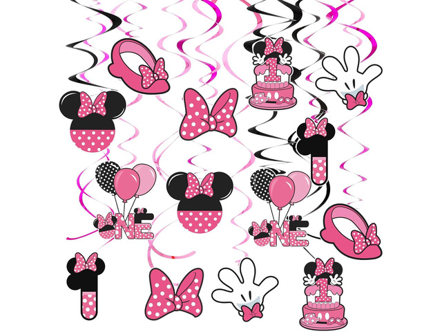 Pink 1st Birthday Hanging Swirl Decorations,Mouse Birthday Party Ceiling Streamers,Pink Mouse Theme Party Supplies,Party Favors for Girls Kids(38 Pcs)
