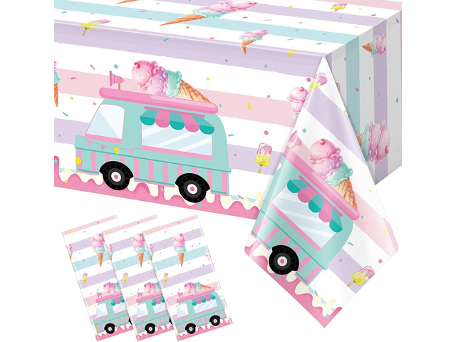 3 Pack Ice Cream Truck Tablecloth Party Decorations, Ice Cream Birthday Plastic Table Cloth Party Supplies, Disposable Rectangle Table Cover for...