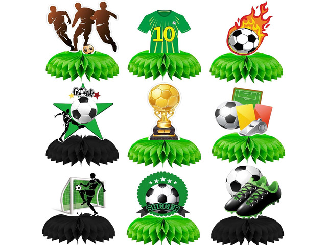 9pcs Soccer Birthday Party Decorations - Honeycomb Centerpieces with 3D Football Theme, Party Supplies for Boys' Kids Birthday Party