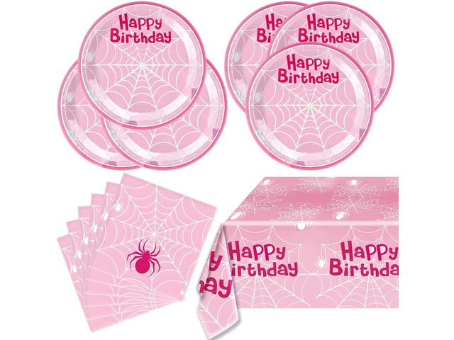Pink Spider Party Tableware, Spider Pink Ghost 20 Plates 20 Paper Napkins and 51''x86'' TableclothSuper Girl Birthday Party Supplies