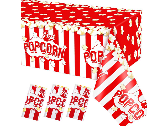 Breling 3 Pieces Popcorn Tablecloth 54 x 108 Inch Plastic Popcorn Table Cover Party Decorations Carnival Circus Movie Night Supplies Carnival...