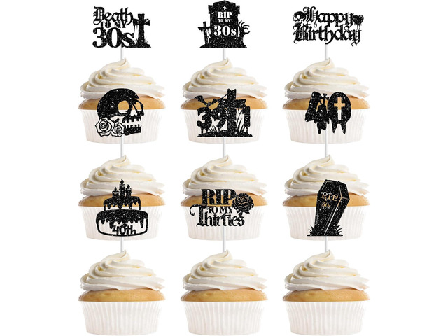 36 Pcs Death to My 30s Birthday Decorations, Rip 30s Gothic Black Cupcake Toppers, Funny 40th Birthday Cake Picks Party Supplies for Women Men (9...