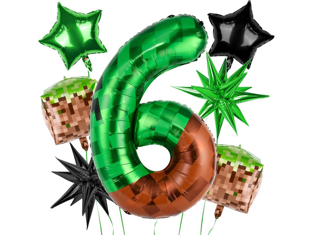 40 Inch Green Pixel Miner Number 6 Balloon Set, 7Pcs MIning Large Foil Balloon Video Game Themed Party Party Decorations for Kids' Anniversary...