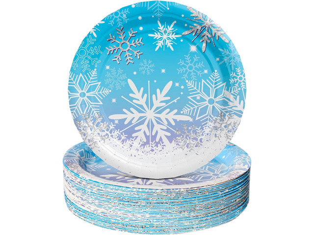 AFZMON 50 Pack Frozen Party Plates Dessert Paper Dinnerware Plates, 7 Inch Winter Snowflake Theme Disposable Round Plate for Christmas Xmas Winter...