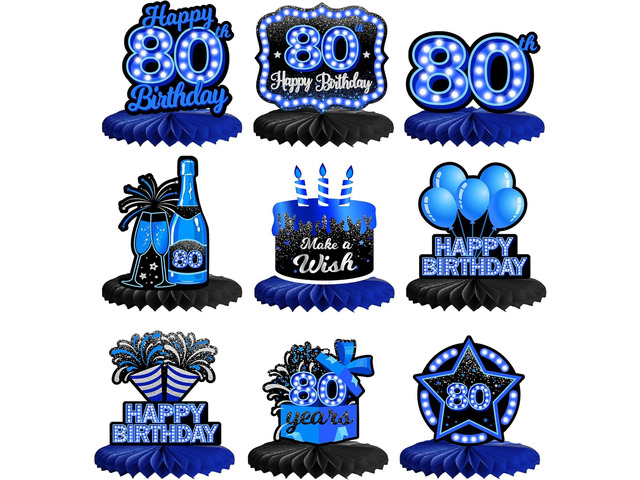 Happy 80th Birthday Honeycomb Centerpieces 9Pcs Stylish Sophisticated Blue Neon Theme Table Decor for Boys Girls Birthday Party Celebration Favors...