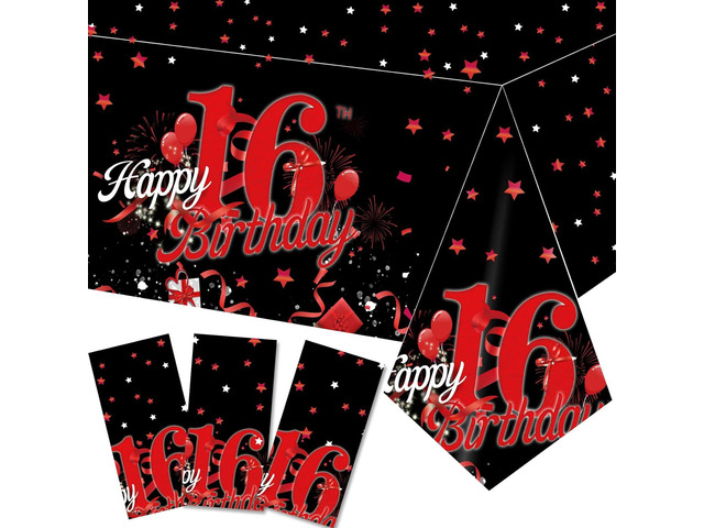 3 Pcs Happy 16th Tablecloth Decorations for Boy Girl Black Red 16 Birthday Theme Table Cover Party Supplies 16 Years Old Plastic Disposable...