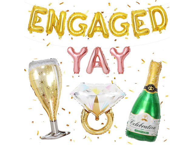 Gold Engagement Party Decorations, Engaged Yay Balloons Letters Banner, Diamond Ring Green Champagne Bottle Balloon Glass Foil Balloon for...