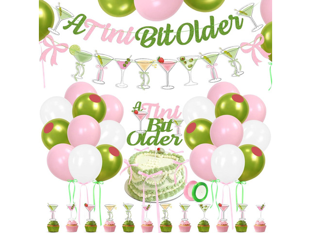 Martini Bow Birthday Party Decorations, Green Pink Glitter A Tini Bit Older Banner Garland Cake Topper Balloons for Girls Women Trendy Martini Bar...