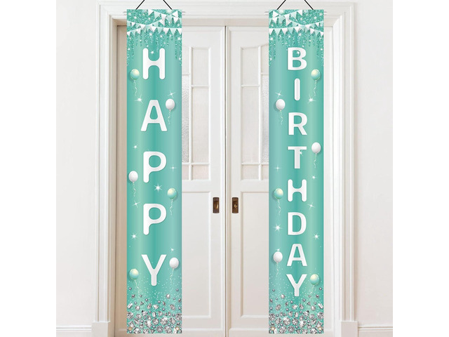 Teal Sliver Happy Birthday Door Banner Turquoise Rhinestone Birthday Decorations Light Blue Sweet 16 Happy 15th 30th 50th Poster Decorations for...