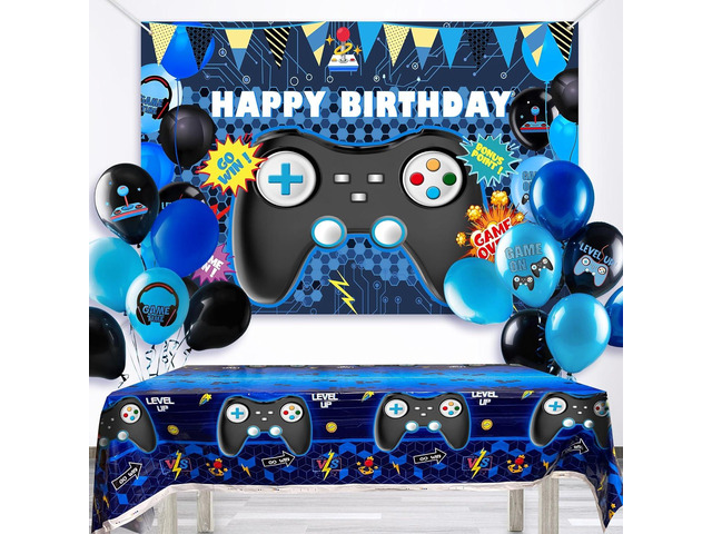 15 PCS Complete Video Game Party Decoration Set 1 Backdrop 1 Tablecloth 13 Latex Balloons and More Perfect for Gamer Party Supplies Boys and Girls...