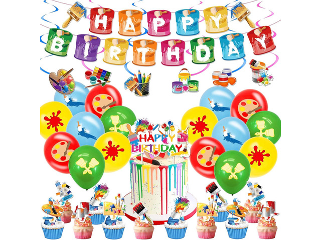 48 Pieces Art Birthday Party Supplies Paint Party Decorations Colorful Latex Balloons Banner Hanging Swirl Cake Cupcake Toppers for Art Painting...