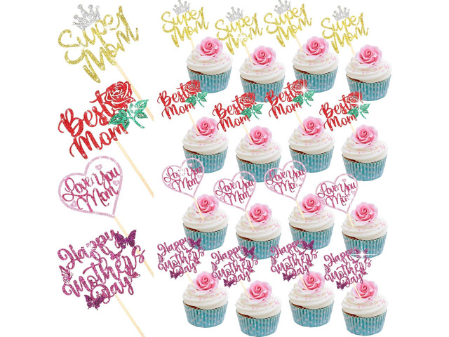 Spakon 60 Pcs Happy Mothers Day Cupcake Toppers Glitter Cake Toppers Cupcake Stickers Love You Mom Heart Mother Happy Birthday Party Supplies Icing...